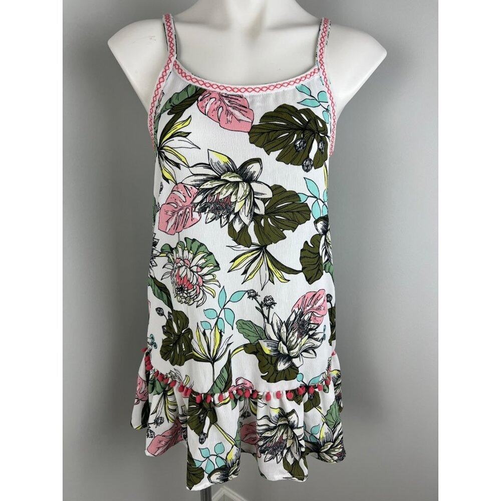 Miken Swim Tropical Floral Tiered Pom Pom Swim Beach Coverup Small